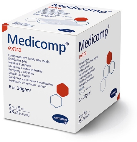 Compresse sterili Medicomp Extra 5 x 5 cm in TNT, 6 strati - 25 buste da 2 pz 