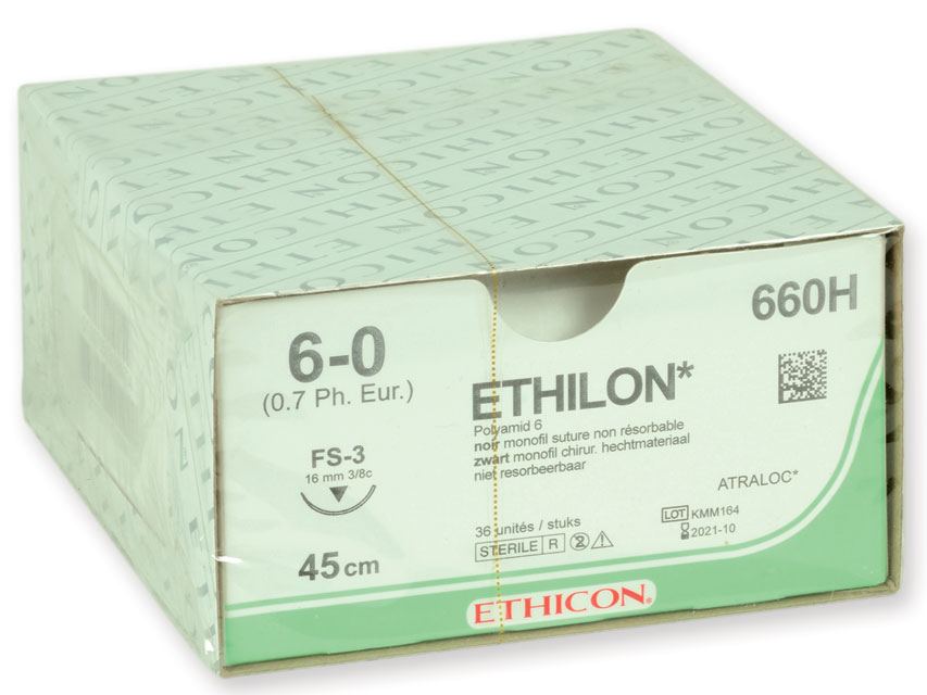 Ethilon 660H monofilamento, 6/0, nero, 3/8, 16 mm, FS-3, filo 45 cm