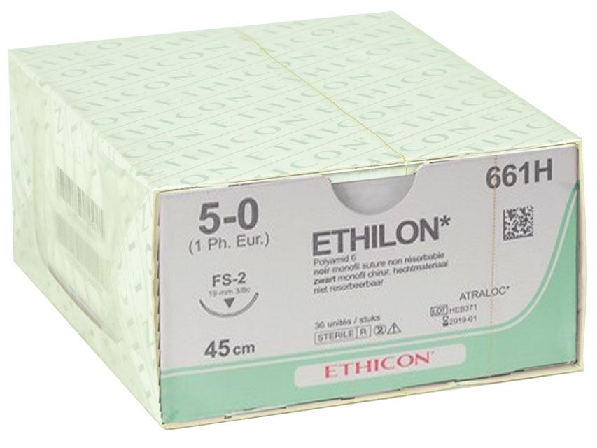 Ethilon 661H monofilamento, 5/0, nero, 3/8, 19 mm, FS-2, filo 45 cm