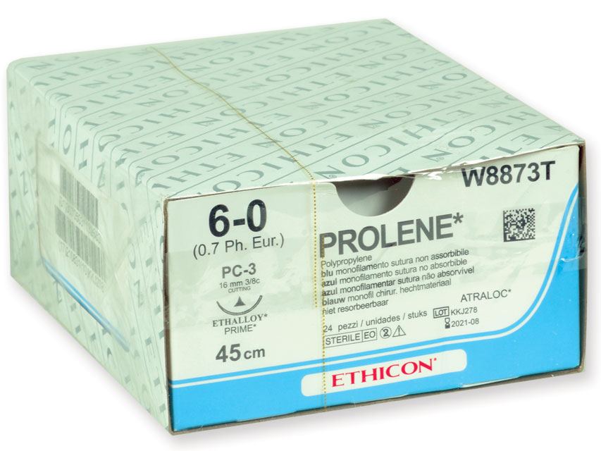 Prolene W8873T monofilamento, 6/0, blu, 3/8, 16 mm, PC-3 Prime, filo 45 cm