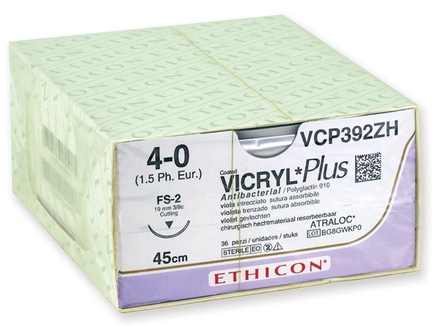 Vicryl Plus VCP392ZH, intrecciato, 4/0, viola, 3/8, 19 mm, FS-2, filo 45 cm